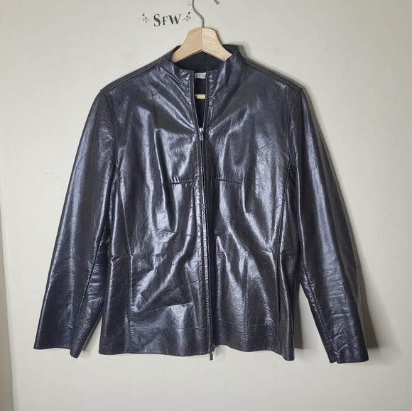 Vintage Anne Klein Petite Leather Jacket PS Brown Minimalist Quiet Luxury - Picture 2 of 8